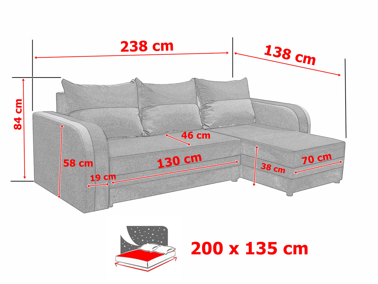 CORNER SOFA BED FLORIDA 238CM universal RIGHT/LEFT CORNER / FOAMTHIS MODEL IN UNIVERSAL WHICH MEANS YOU CAN CHOOSE CORNER SIDE DURING ASSEMBLY3x PILLOWS INCLUDED1X STORAGE SPACESLEEPING FUNCTIONSAWANA FABRICDIMENTIONSWidth: 238 cmDepth: 138cmSleeping area