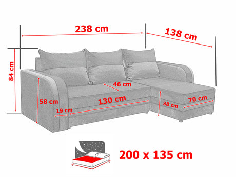 CORNER SOFA BED FLORIDA 238CM universal RIGHT/LEFT CORNER / FOAMTHIS MODEL IN UNIVERSAL WHICH MEANS YOU CAN CHOOSE CORNER SIDE DURING ASSEMBLY3x PILLOWS INCLUDED1X STORAGE SPACESLEEPING FUNCTIONSAWANA FABRICDIMENTIONSWidth: 238 cmDepth: 138cmSleeping area
