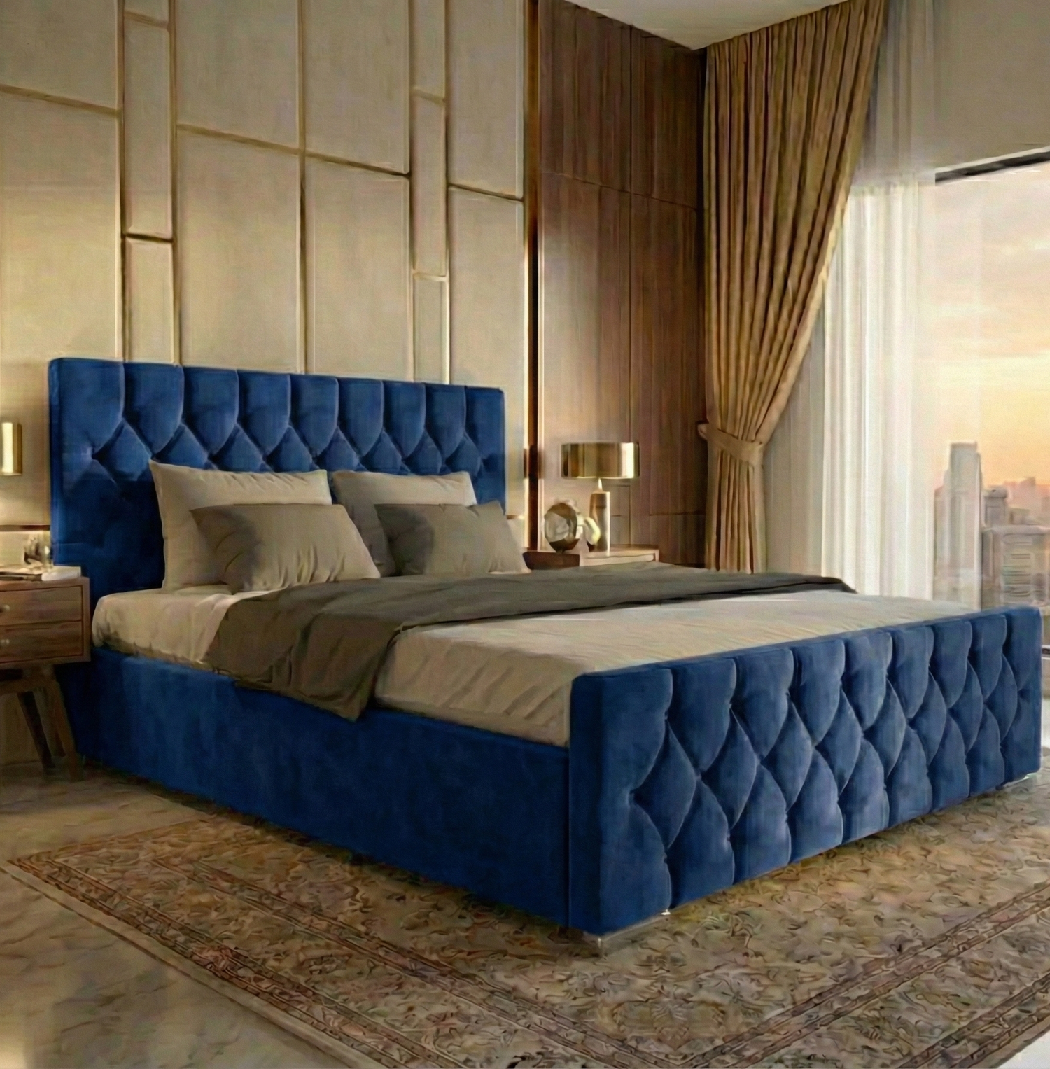 FREE DELIVERY! Luxury Velvet Chesterfield Bed with Deep Diamond Tufting & Chrome Feet – Available in All Sizes