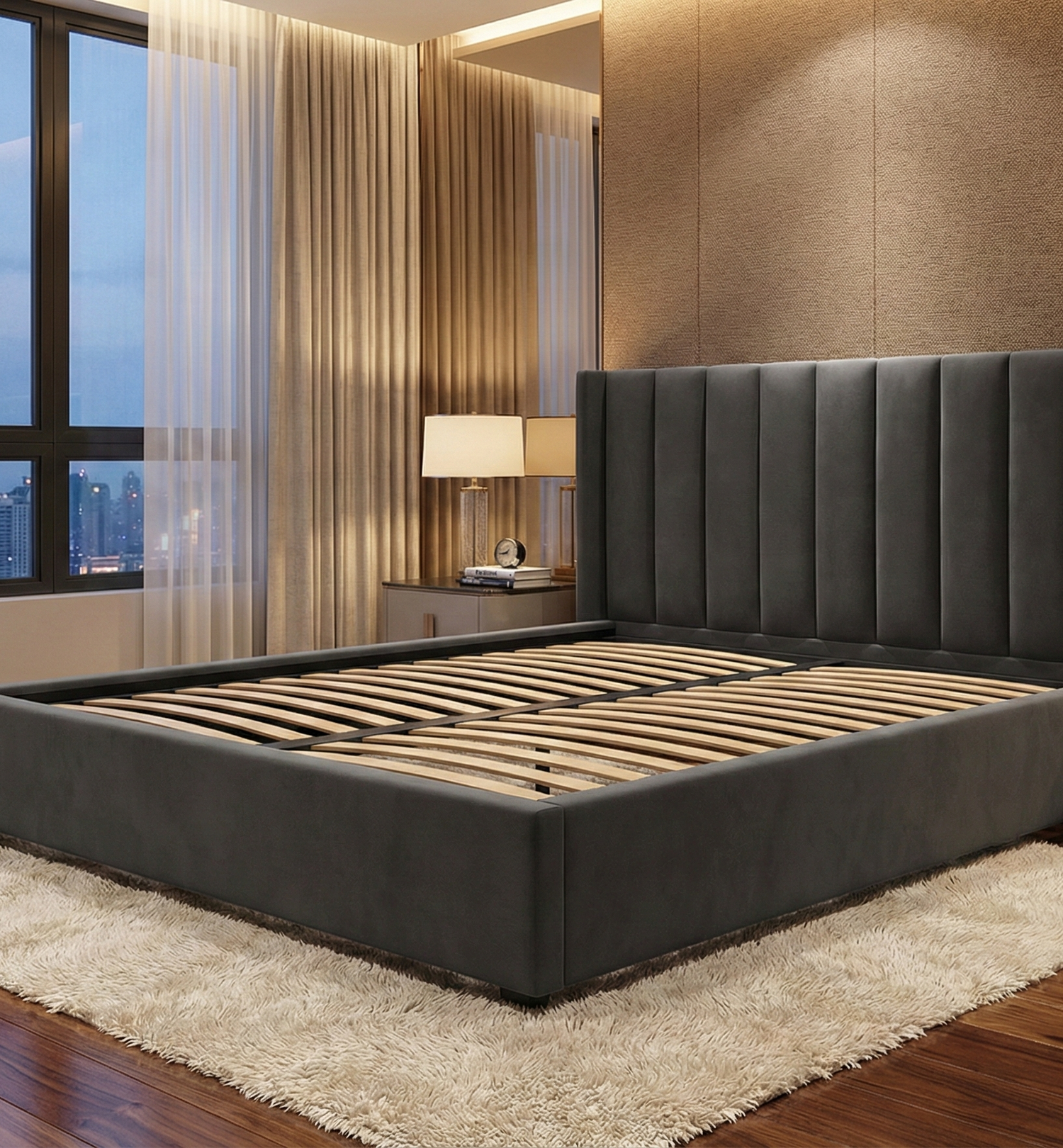FREE DELIVERY! Modern Velvet Ottoman Bed Frame with Gas-Lift Storage & Tall Vertical Design Headboard – Available in All Sizes