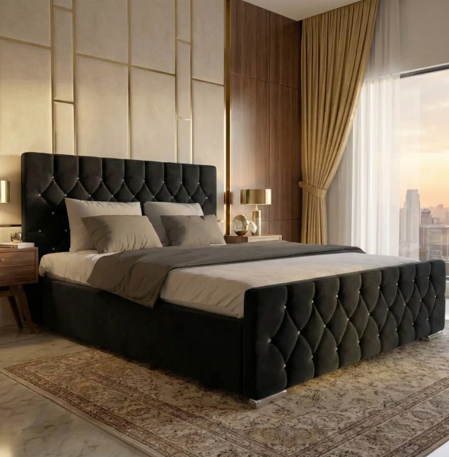 FREE DELIVERY! Luxury Velvet Chesterfield Bed with Deep Diamond Tufting & Chrome Feet – Available in All Sizes