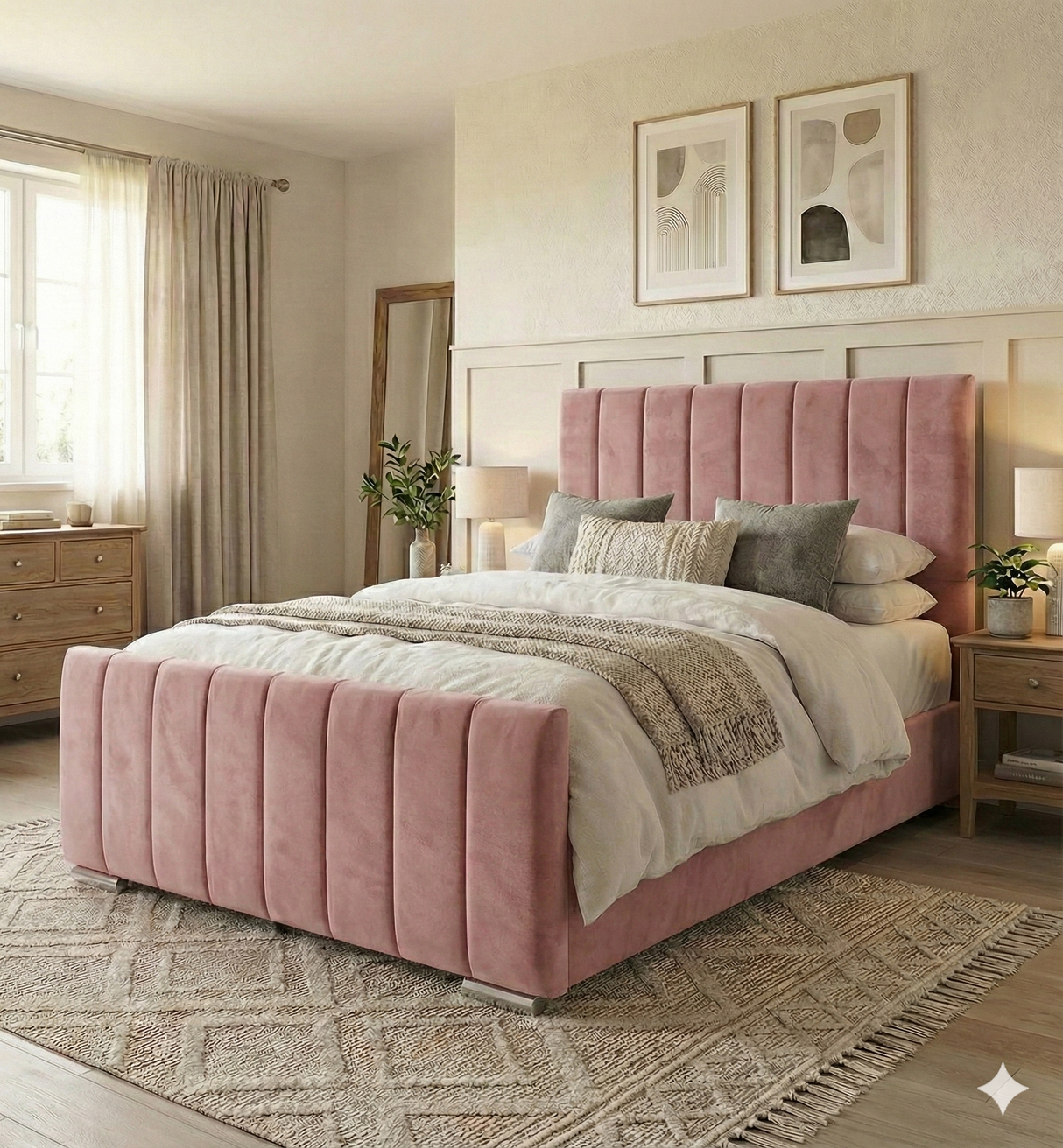 FREE DELIVERY! Modern Velvet Ottoman Bed Frame with Gas-Lift Storage & Tall Vertical Design Headboard – Available in All Sizes