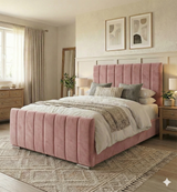 FREE DELIVERY! Modern Velvet Ottoman Bed Frame with Gas-Lift Storage & Tall Vertical Design Headboard – Available in All Sizes