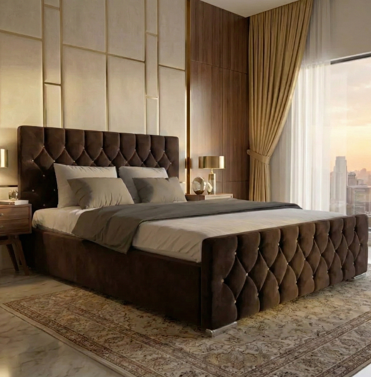 FREE DELIVERY! Luxury Velvet Chesterfield Bed with Deep Diamond Tufting & Chrome Feet – Available in All Sizes