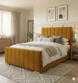 FREE DELIVERY! Modern Velvet Ottoman Bed Frame with Gas-Lift Storage & Tall Vertical Design Headboard – Available in All Sizes