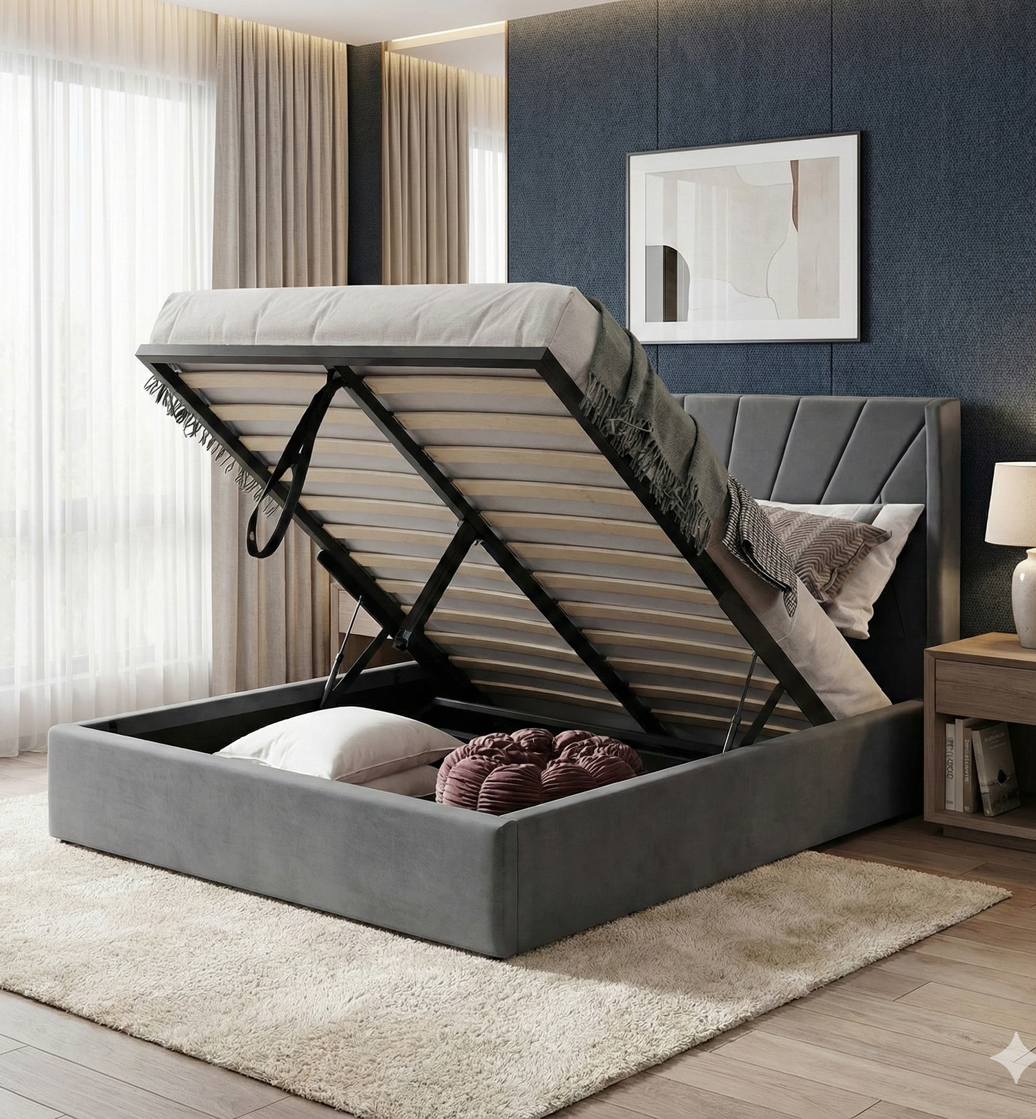 FREE DELIVERY! Modern Velvet Ottoman Bed Frame with Gas-Lift Storage & Tall Vertical Design Headboard – Available in All Sizes