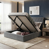 FREE DELIVERY! Modern Velvet Ottoman Bed Frame with Gas-Lift Storage & Tall Vertical Design Headboard – Available in All Sizes