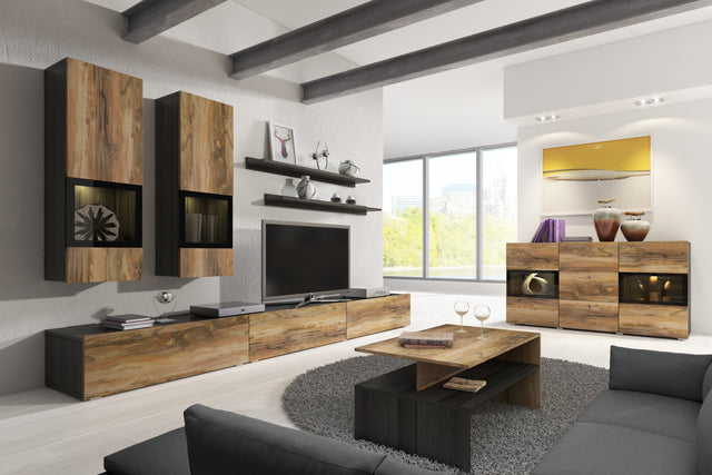 TV WALL UNIT BAROS SATTIN TOUCHWOODThe set consists of the following elements(width/height/depth in cm)2 x Hanging cabinet (35/100/25cm)2 x Hanging shelf (120/20/8cm)TV chest of drawers (180/26/41cm)TV chest of drawers (90/26/41)SIDEBOARD IS NOT INCLUDED