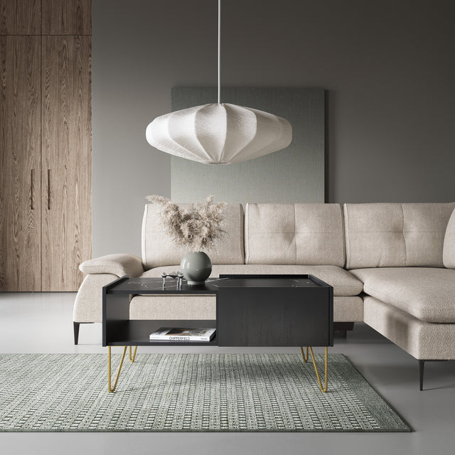 Coffee Table HARMONY 05 black / black marbleTV Stand HARMONY 01 (144/55/37) Colour Black / Black marble + Golden Material Laminated board 16mm Veneer Edging ABS Metal LegsAnna Furniture