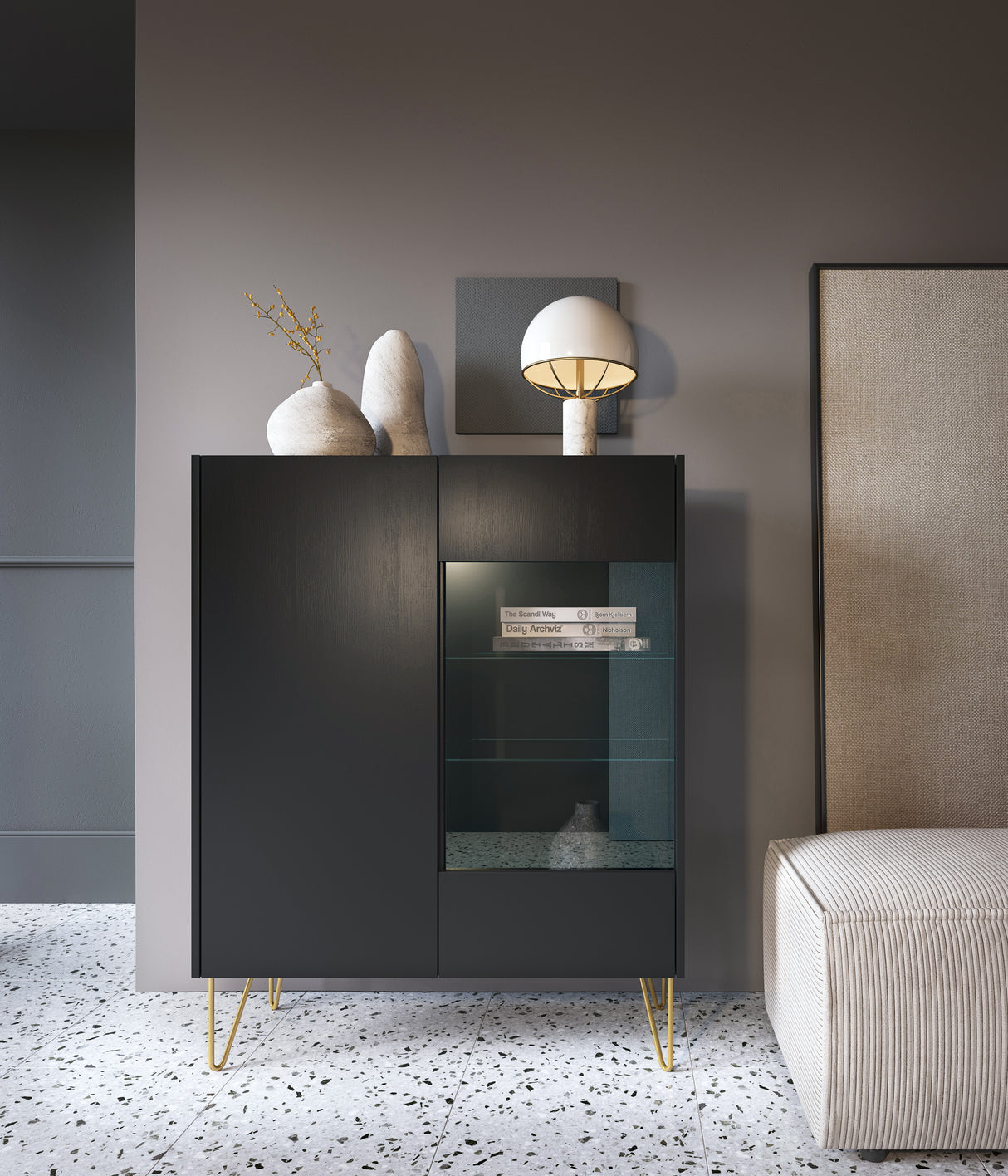 Display cabinet HARMONY 04 black / black marbleStorage cabinet HARMONY 02 black / black marble 97/122/37CM ColourBlack / Black marble + Golden MaterialLaminated board 16mm VeneerEdging ABS Metal Legs PUSH-TO-OPENAnna Furniture