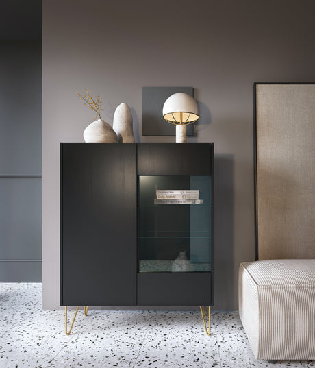 Display cabinet HARMONY 04 black / black marbleStorage cabinet HARMONY 02 black / black marble 97/122/37CM ColourBlack / Black marble + Golden MaterialLaminated board 16mm VeneerEdging ABS Metal Legs PUSH-TO-OPENAnna Furniture