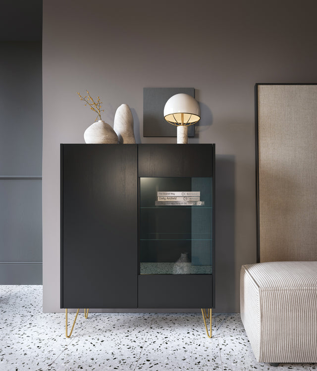 Display cabinet HARMONY 04 black / black marbleStorage cabinet HARMONY 02 black / black marble 97/122/37CM ColourBlack / Black marble + Golden MaterialLaminated board 16mm VeneerEdging ABS Metal Legs PUSH-TO-OPENAnna Furniture