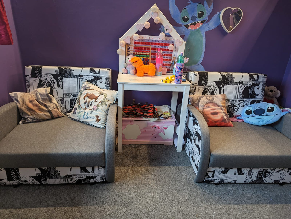 SINGLE SOFA BED SUZIE 97CM KOMIKS / FOAMDimensions :- width 97 cm- height 85 cm- depth 95 cm- area sleeping 80/195 cm +/- 3The sofa is made of a wooden frame, the sleeping surface is made of PUR T30 / 42 foam.The sofa is unfolded using an automatic machin