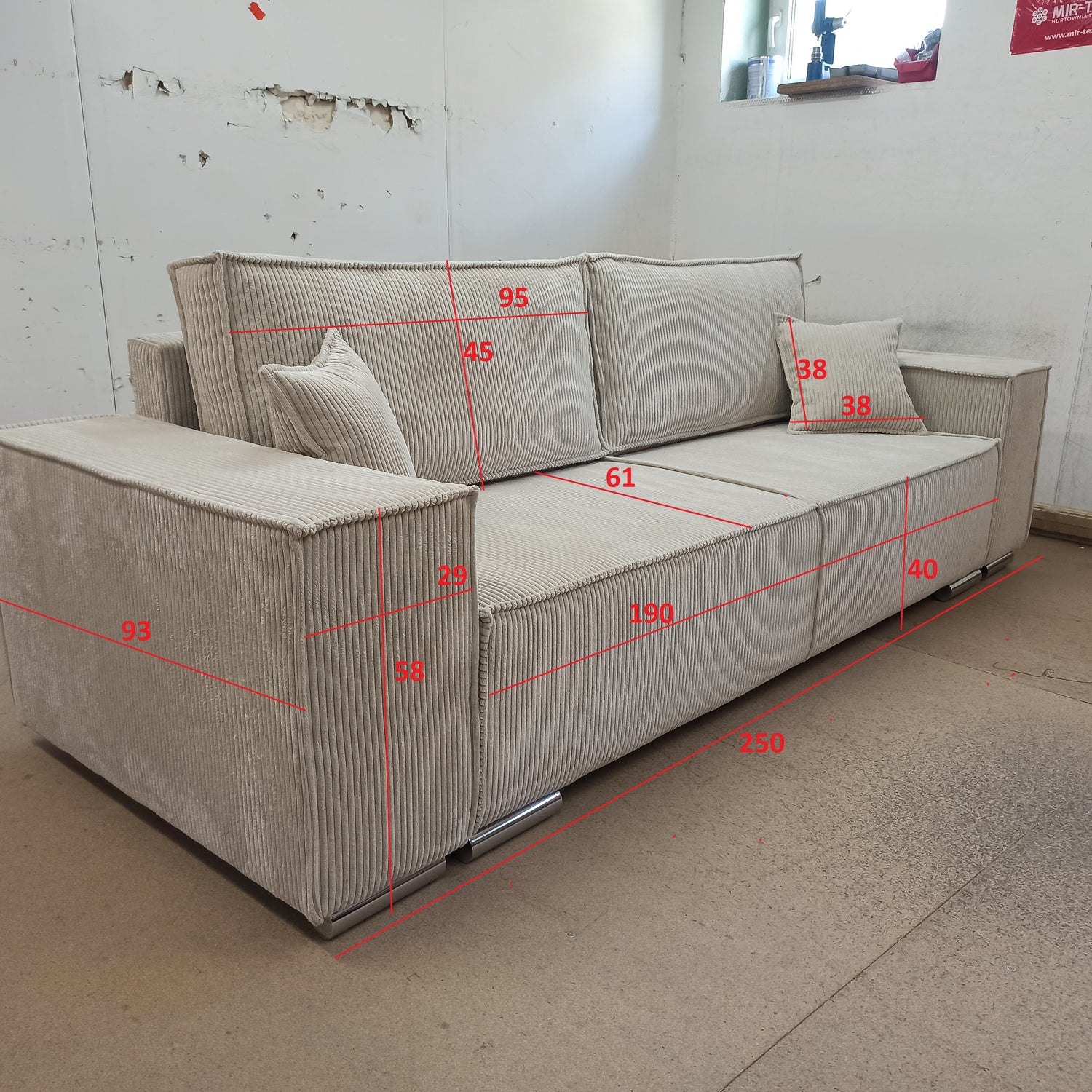 SOFA BED FIORD POSO 14 250cm / SPRINGS + FOAMSOFA DIMENSIONS: sleeping area 154/190 cm width 249 cm depth 94 cm height to the seat 40 cm side height 58 cm seat depth 79 cm (without cushions) seat depth 62 cm (with cushions)* dimensions given with a tolera