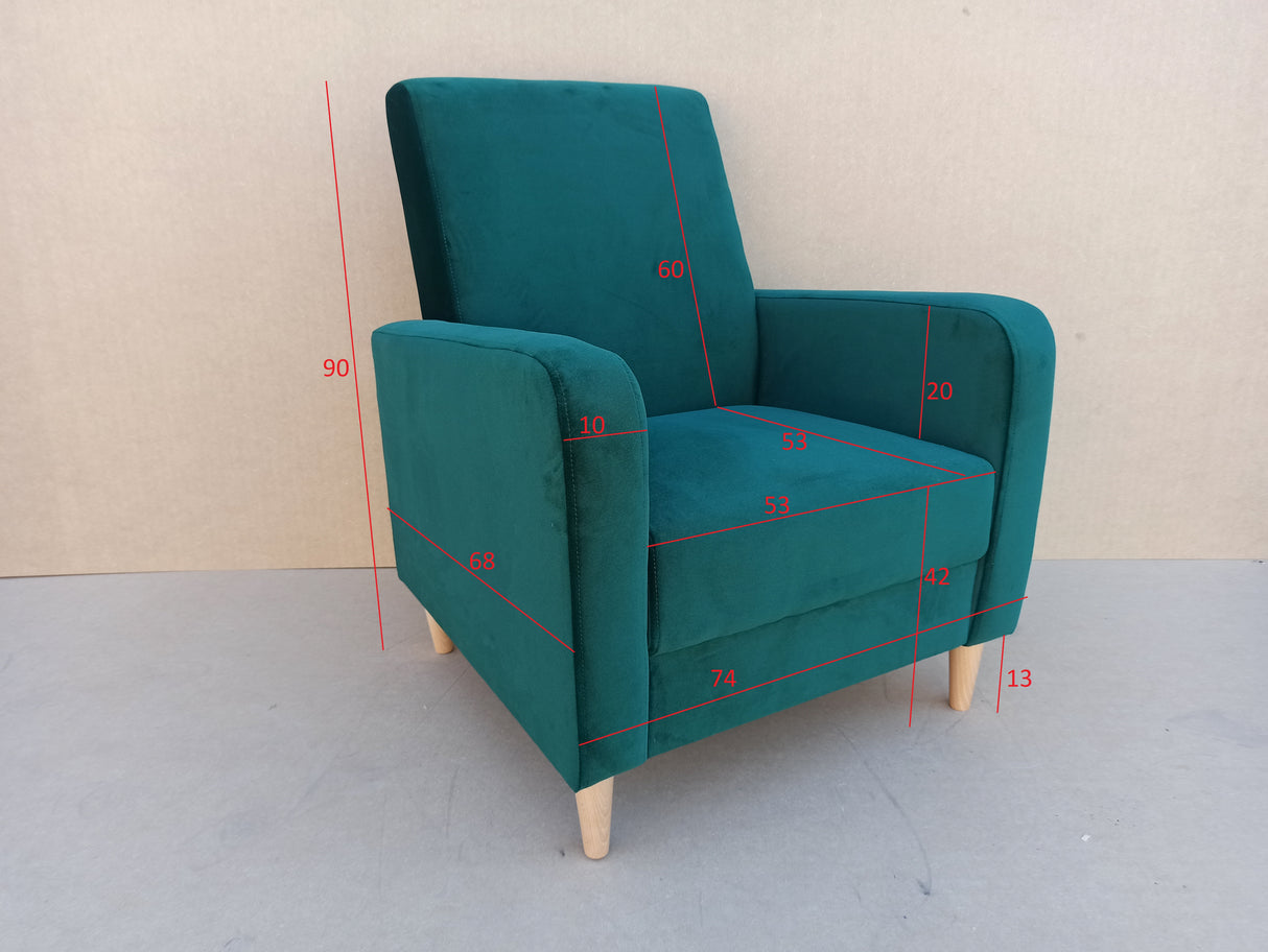 ARMCHAIR CARLO 74x90cm SAWANA 14ARMCHAIR CARLO is a beautiful free-standing chair made from strong, durable materials like pine wood, chipboard, fibreboard, and beech legs. The seat is carefully crafted with a corrugated spring and high-quality foam for a