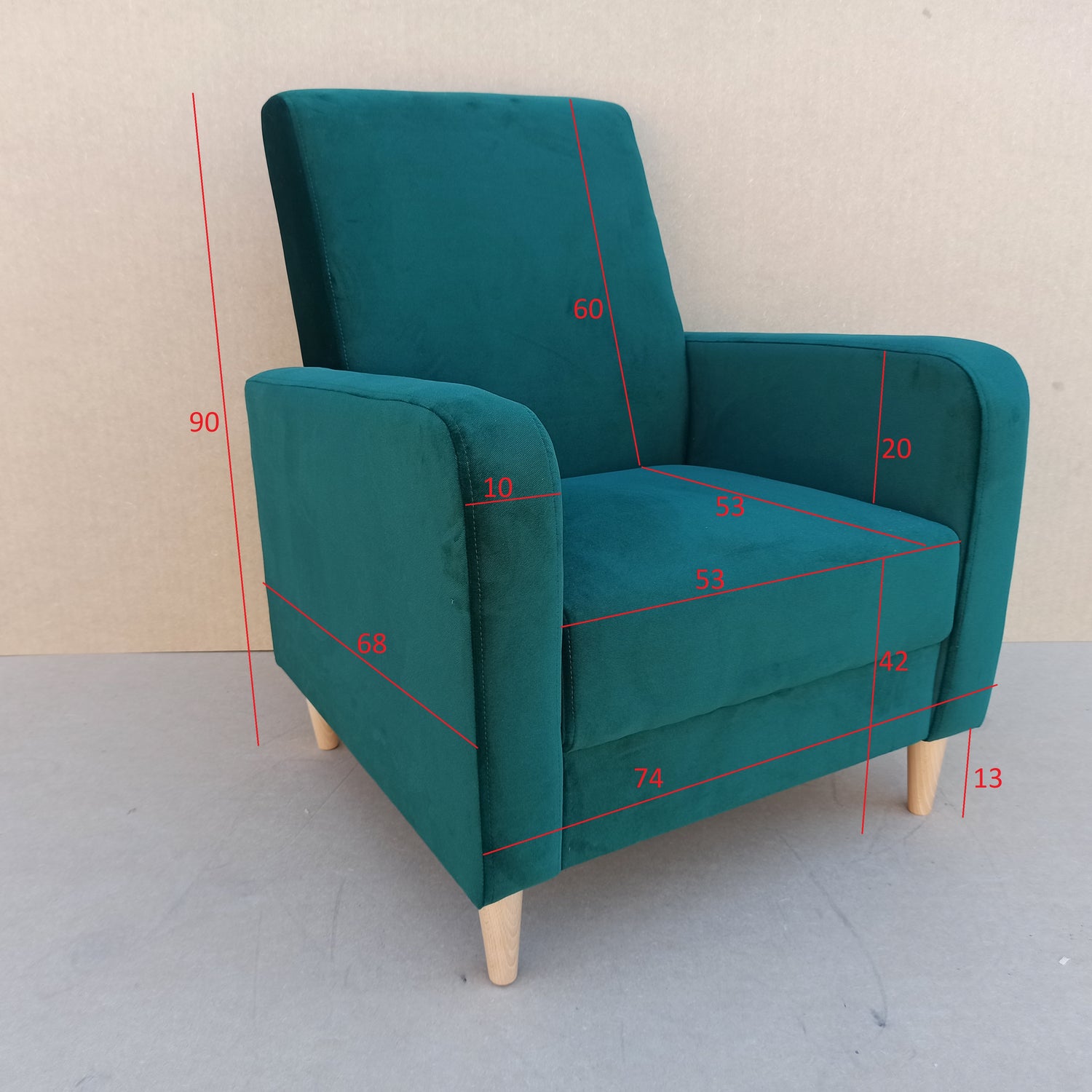 ARMCHAIR CARLO 74x90cm PAROS 06ARMCHAIR CARLO is a beautiful free-standing chair made from strong, durable materials like pine wood, chipboard, fibreboard, and beech legs. The seat is carefully crafted with a corrugated spring and high-quality foam for ad