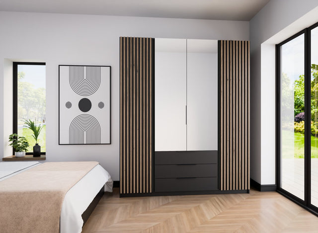 KAJA 2LAM 2 MIRROR 3S - AVAILABLE IN 4 COLORSDimensions: 2000 x 2390 x 619 mm (W x H x D)Number of Packages: 6Front:- laminated plate 16 mm - the edge of ABS- handle UA-HEXA-256-20M, 256 mm / aluminumThe body:- laminated plate 16 mm- melamine / ABS periph