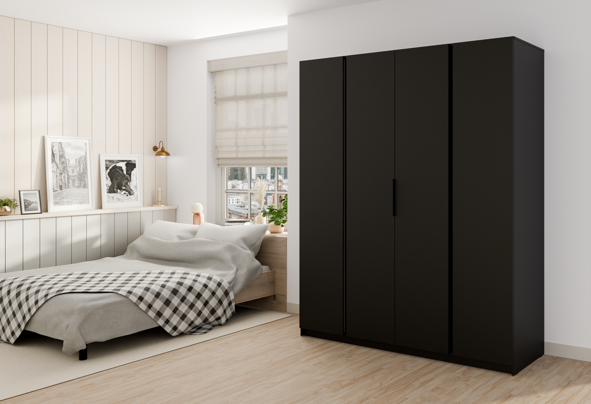 KAJA 4F - AVAILABLE IN 4 COLORSDimensions: 2000 x 2390 x 619 mm (W x H x D)Number of Packages: 6Front:- laminated plate 16 mm - black- the edge of ABS- handle UA-HEXA-256-20M, 256 mm / aluminumThe body:- laminated plate 16 mm - oak evoke- melamine / ABS p