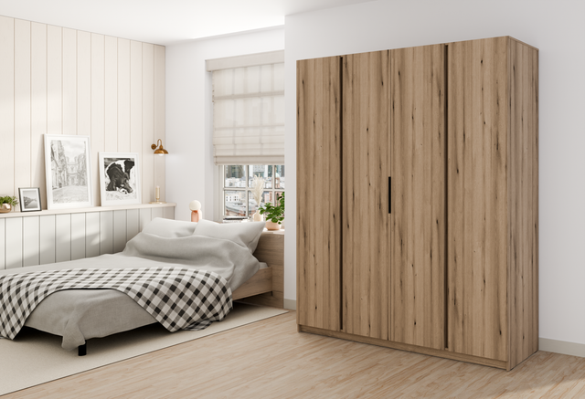 KAJA 4F - AVAILABLE IN 4 COLORSDimensions: 2000 x 2390 x 619 mm (W x H x D)Number of Packages: 6Front:- laminated plate 16 mm - black- the edge of ABS- handle UA-HEXA-256-20M, 256 mm / aluminumThe body:- laminated plate 16 mm - oak evoke- melamine / ABS p