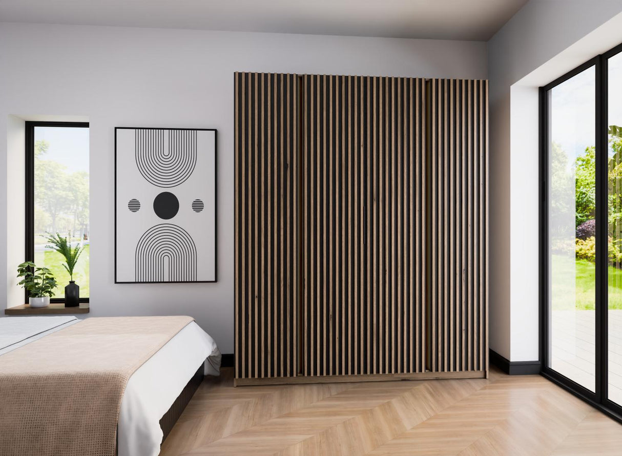 KAJA 4LAM - AVAILABLE IN 4 COLORSDimensions: 2000 x 2390 x 619 mm (W x H x D)Number of Packages: 6Front:- laminated plate 16 mm - black- the edge of ABS- handle UA-HEXA-256-20M, 256 mm / aluminumThe body:- laminated plate 16 mm - oak evoke- melamine / ABS