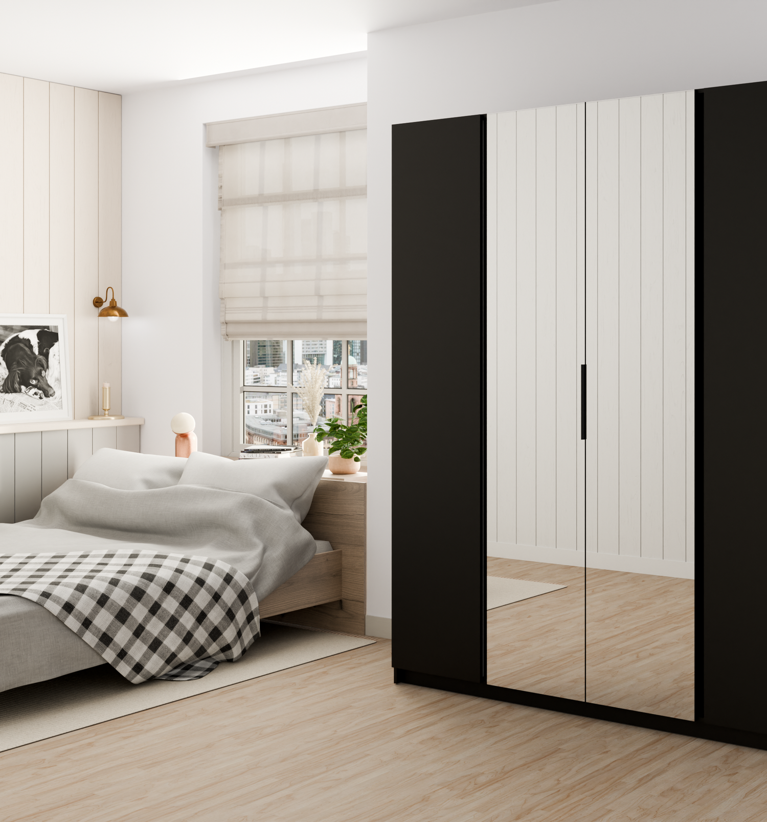 KAJA 2F 2 MIRROR - AVAILABLE IN 4 COLORSDimensions: 2000 x 2390 x 619 mm (W x H x D)Number of Packages: 6Front:- laminated plate 16 mm - black- the edge of ABS- handle UA-HEXA-256-20M, 256 mm / aluminumThe body:- laminated plate 16 mm - oak evoke- melamin