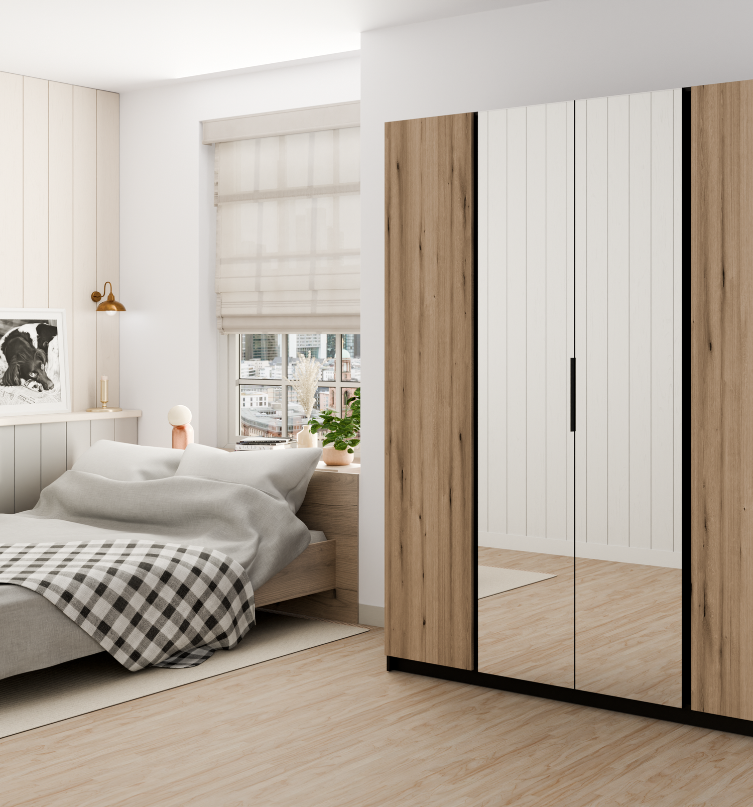 KAJA 2F 2 MIRROR - AVAILABLE IN 4 COLORSDimensions: 2000 x 2390 x 619 mm (W x H x D)Number of Packages: 6Front:- laminated plate 16 mm - black- the edge of ABS- handle UA-HEXA-256-20M, 256 mm / aluminumThe body:- laminated plate 16 mm - oak evoke- melamin