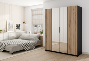 KAJA 2F 2 MIRROR - AVAILABLE IN 4 COLORSDimensions: 2000 x 2390 x 619 mm (W x H x D)Number of Packages: 6Front:- laminated plate 16 mm - black- the edge of ABS- handle UA-HEXA-256-20M, 256 mm / aluminumThe body:- laminated plate 16 mm - oak evoke- melamin