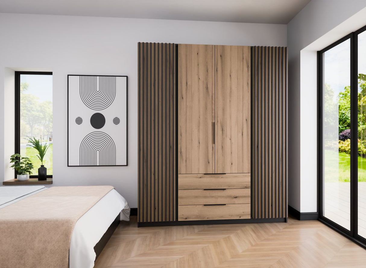 KAJA 2LAM 2F 3S - AVAILABLE IN 4 COLORSDimensions: 2000 x 2390 x 619 mm (W x H x D)Number of Packages: 6Front:- laminated plate 16 mm - the edge of ABS- handle UA-HEXA-256-20M, 256 mm / aluminumThe body:- laminated plate 16 mm- melamine / ABS peripheryDra