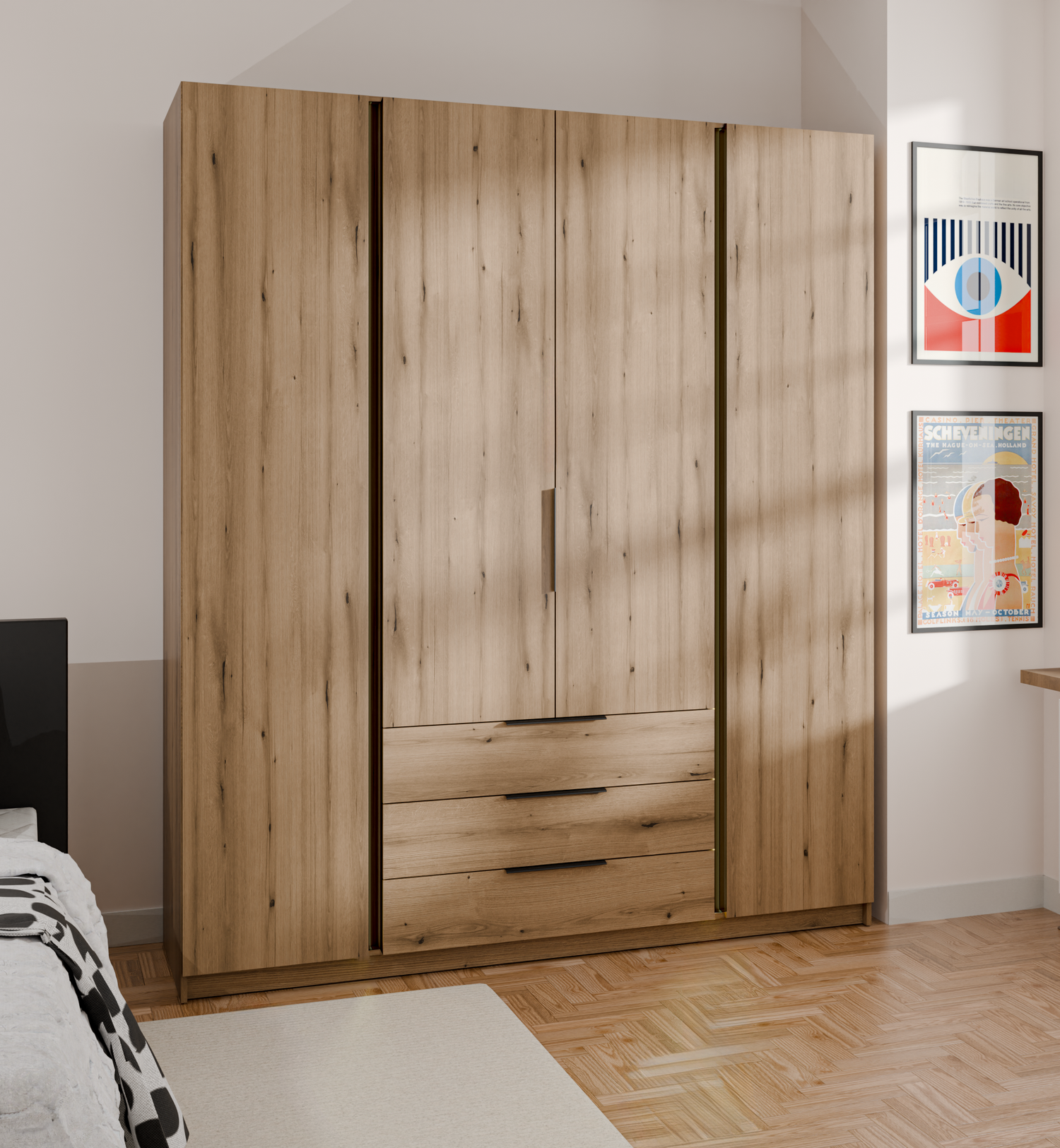 KAJA 4F 3S - AVAILABLE IN 4 COLORSDimensions: 2000 x 2390 x 619 mm (W x H x D)Number of packages: 6Front:- 16 mm laminated board- ABS edging- UA-HEXA-256-20M holder, 256 mm / aluminumBody:- 16 mm laminated board - melamine / ABS edgeDrawers:- QUADRO guide