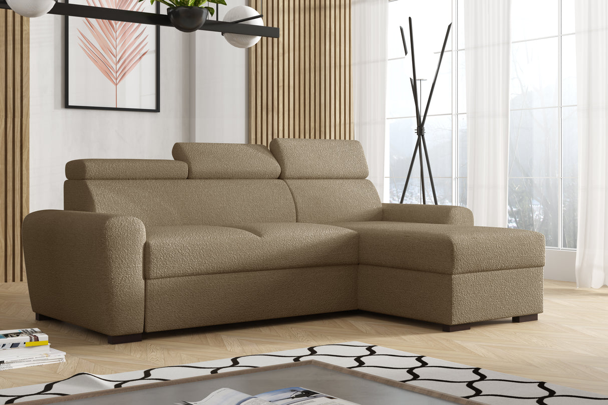UNIVERSAL CORNER SOFA BED LAMBI 249CM BOUCLE FABRIC ADJUSTABLE HEADREST *CHOICE OF COLORS* / SPRINGS + FOAMADJUSTABLE HEADRESTSBOUCLE FABRIC1X STORAGE SPACEMADE IN LAMBI FABRIC CLICK HERE THIS MODEL IS UNIVERSAL WHICH MEANS YOUR CAN CHOOSE CORNER SIDE DUR