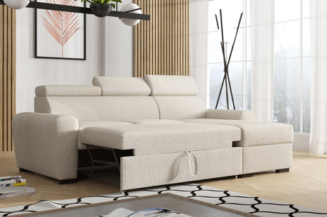 UNIVERSAL CORNER SOFA BED LAMBI 249CM BOUCLE FABRIC ADJUSTABLE HEADREST *CHOICE OF COLORS* / SPRINGS + FOAMADJUSTABLE HEADRESTSBOUCLE FABRIC1X STORAGE SPACEMADE IN LAMBI FABRIC CLICK HERE THIS MODEL IS UNIVERSAL WHICH MEANS YOUR CAN CHOOSE CORNER SIDE DUR