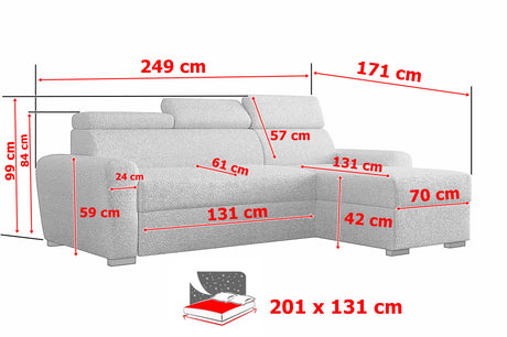 UNIVERSAL CORNER SOFA BED LAMBI 249CM BOUCLE FABRIC ADJUSTABLE HEADREST *CHOICE OF COLORS* / SPRINGS + FOAMADJUSTABLE HEADRESTSBOUCLE FABRIC1X STORAGE SPACEMADE IN LAMBI FABRIC CLICK HERE THIS MODEL IS UNIVERSAL WHICH MEANS YOUR CAN CHOOSE CORNER SIDE DUR