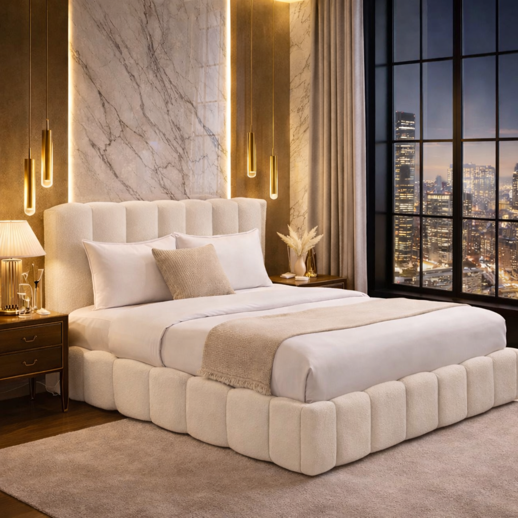 FREE DELIVERY! Ottoman Bed Frame Cloud – Teddy Boucle fabric | Available in All Sizes / Ivory