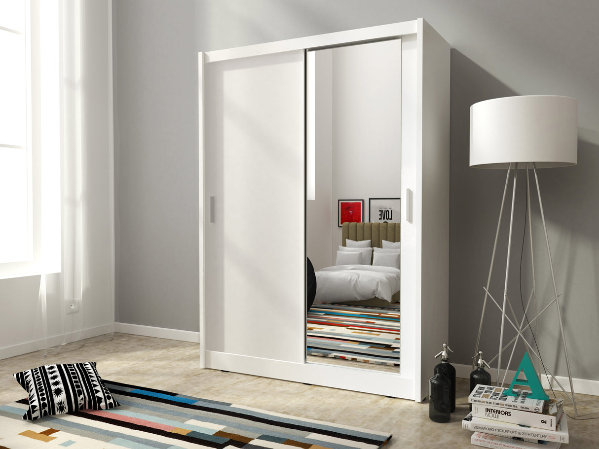 SLIDING DOOR WARDROBE MAJA I MIRROR 130CM WHITESliding wardrobes with mirrors - a clever way to optically enlarge the room Maximize your space with the MAJA 1 MIRROR 130CM WHITE sliding door wardrobe. The mirrored panel create the illusion of more room, m