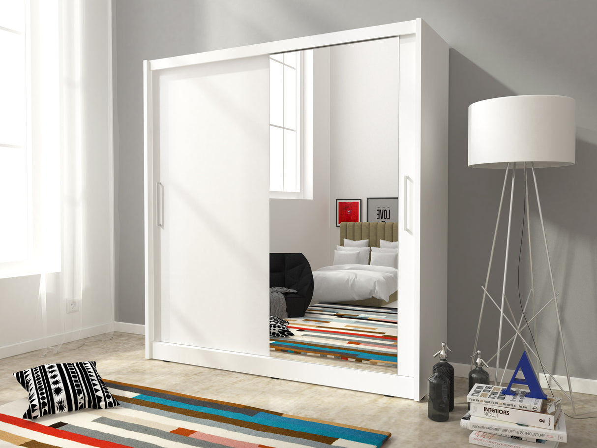 SLIDING DOOR WARDROBE MAJA I 180CM WHITESliding wardrobes with mirror - a clever way to optically enlarge the room Maximize your space with the MAJA I 180CM WHITE sliding door wardrobe. The mirrored panel create the illusion of more room, making it a smar