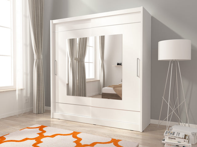 SLIDING DOOR WARDROBE MAJA IX 200CM WHITESliding wardrobes with mirror - a clever way to optically enlarge the room Maximize your space with the MAJA IX 200CM WHITE sliding door wardrobe. The mirrored panel create the illusion of more room, making it a sm