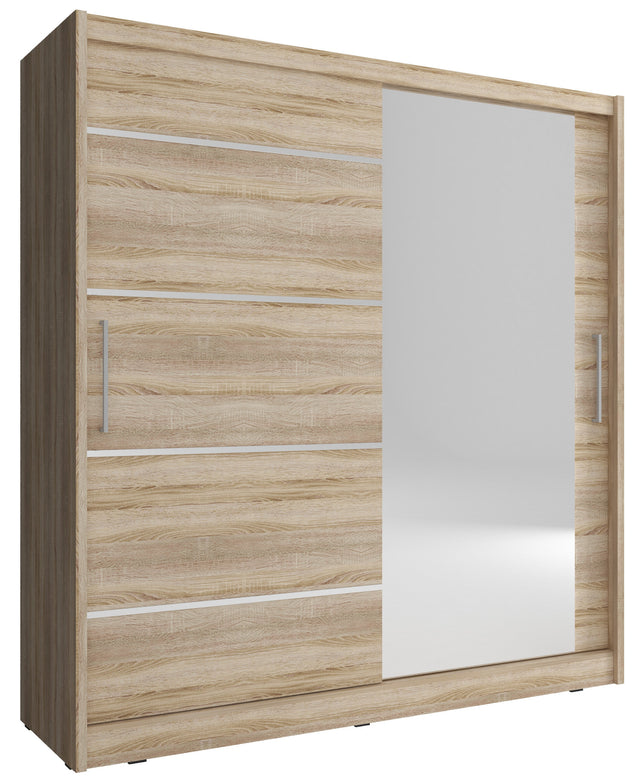 SLIDING DOOR WARDROBE MAJA I ALU 200CM SONOMASliding wardrobes with mirror - a clever way to optically enlarge the room Maximize your space with the MAJA I ALU 200CM SONOMA sliding door wardrobe. The mirrored panel create the illusion of more room, making
