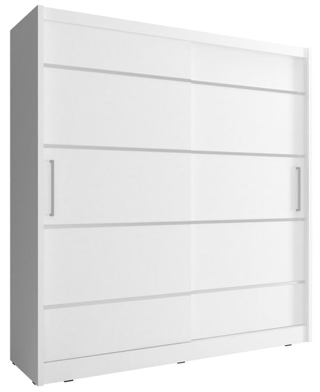 SLIDING DOOR WARDROBE MAJA ALU 180CM WHITESliding wardrobes with mirrors - a clever way to optically enlarge the room Maximize your space with the MAJA ALU 180CM WHITE sliding door wardrobe. Color: Body: WHITE Front: white + silver strips The wardrobe's s