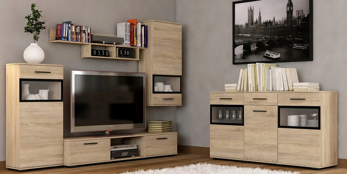 TV WALL UNIT MAXI SET WITH SIDEBOARD SONOMAOverall dimensions of the wall unit: 2300 x 2000 x 402mm (W x H x D)Number of packages: 2Front:- 15mm white laminated board- melamine rim- glass with a black print- handle: 128mm plasticBody:- 15mm white laminate