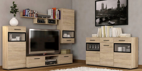 TV WALL UNIT MAXI SET WITH SIDEBOARD SONOMAOverall dimensions of the wall unit: 2300 x 2000 x 402mm (W x H x D)Number of packages: 2Front:- 15mm white laminated board- melamine rim- glass with a black print- handle: 128mm plasticBody:- 15mm white laminate