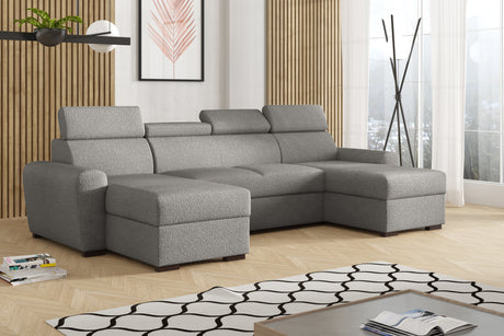 CORNER SOFA BED LAMBI U SHAPE BOUCLE FABRIC ADJUSTABLE HEADREST 2X STORAGE *CHOICE OF COLORS* / SPRINGS + FOAM