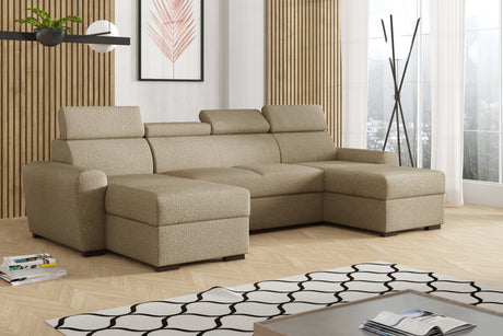 CORNER SOFA BED LAMBI U SHAPE BOUCLE FABRIC ADJUSTABLE HEADREST 2X STORAGE *CHOICE OF COLORS* / SPRINGS + FOAM