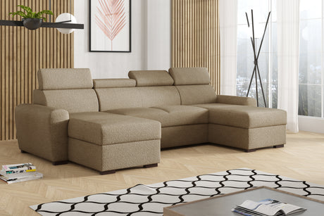 CORNER SOFA BED LAMBI U SHAPE BOUCLE FABRIC ADJUSTABLE HEADREST 2X STORAGE *CHOICE OF COLORS* / SPRINGS + FOAM