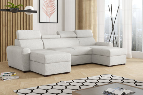 CORNER SOFA BED LAMBI U SHAPE BOUCLE FABRIC ADJUSTABLE HEADREST 2X STORAGE *CHOICE OF COLORS* / SPRINGS + FOAM