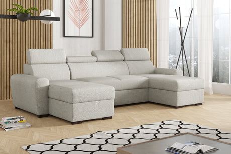 CORNER SOFA BED LAMBI U SHAPE BOUCLE FABRIC ADJUSTABLE HEADREST 2X STORAGE *CHOICE OF COLORS* / SPRINGS + FOAM