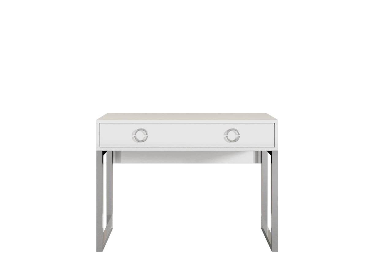 Milla Desk In White GlossFeatures: Dimensions: W110cm x H80cm x D40cm Colour: White Gloss & Chrome One Drawer, Chrome Legs and Handles Weight: 29kg Assembly Required Made from 16mm high-quality laminated board Specifications: Dimensions: H:80.0 x W:110.0