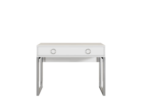 Milla Desk In White GlossFeatures: Dimensions: W110cm x H80cm x D40cm Colour: White Gloss & Chrome One Drawer, Chrome Legs and Handles Weight: 29kg Assembly Required Made from 16mm high-quality laminated board Specifications: Dimensions: H:80.0 x W:110.0
