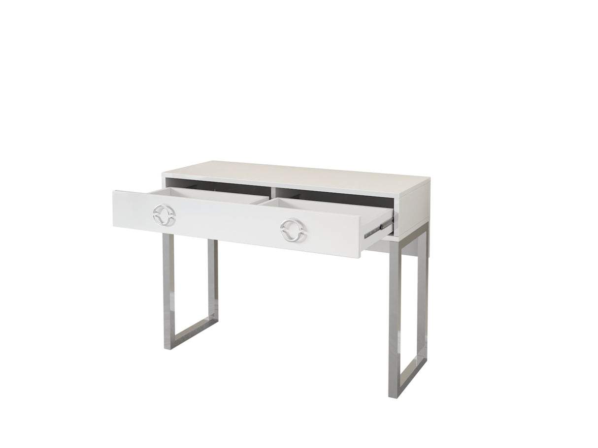 Milla Desk In White GlossFeatures: Dimensions: W110cm x H80cm x D40cm Colour: White Gloss & Chrome One Drawer, Chrome Legs and Handles Weight: 29kg Assembly Required Made from 16mm high-quality laminated board Specifications: Dimensions: H:80.0 x W:110.0