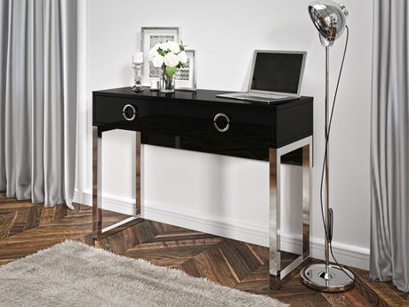 Milla Desk In Black GlossFeatures: Dimensions: W110cm x H80cm x D40cm Colour: Black Gloss & Chrome One Drawer, Chrome Legs and Handles Weight: 29kg Assembly Required Made from 16mm high-quality laminated board Specifications: Dimensions: H:80.0 x W:110.0