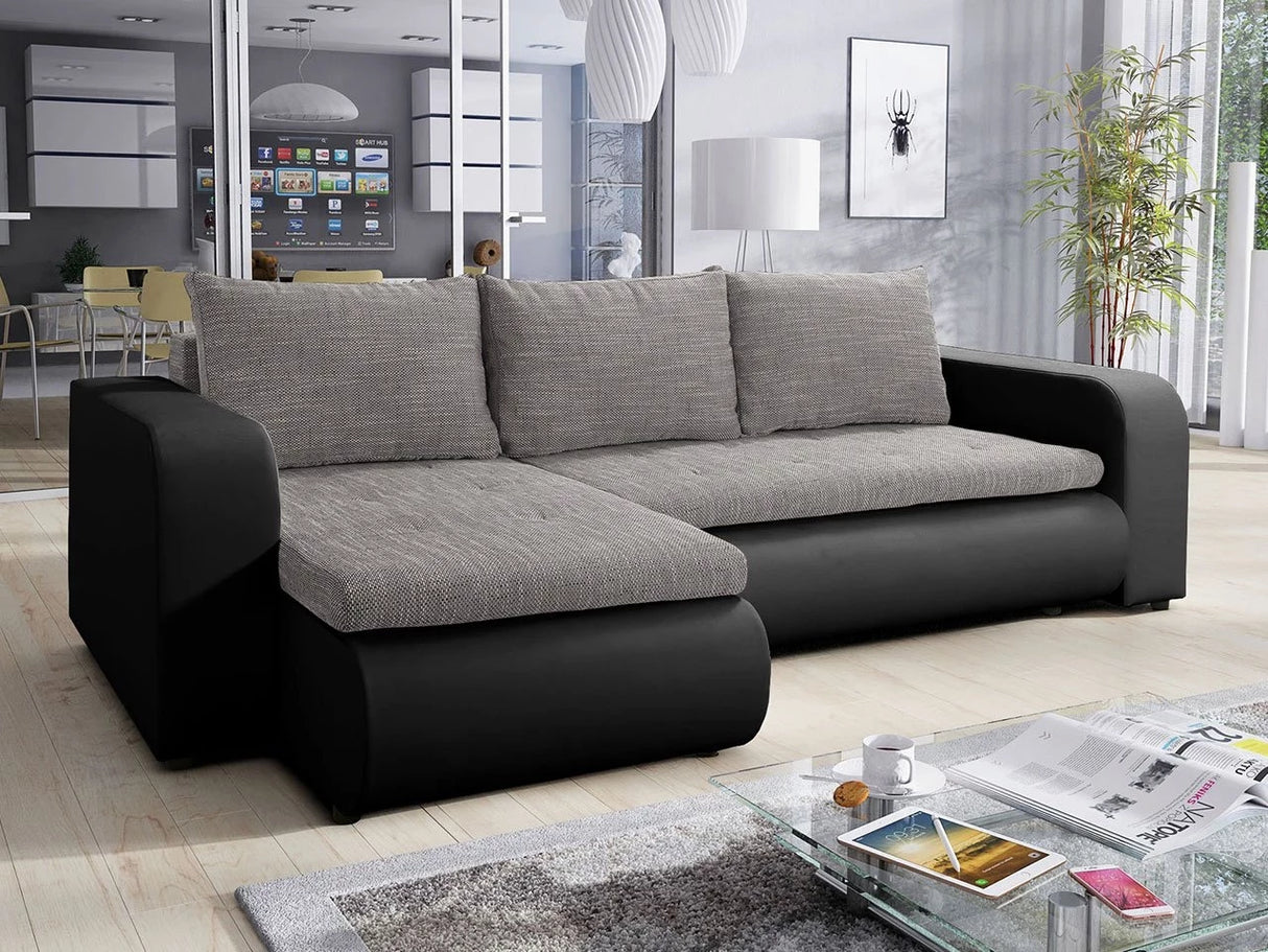 CORNER SOFA BED NIKO LAWA 5 / SOFT 11 238CM / SPRINGS + FOAMSEAT AND CUSHION MADE IN LAWA FABRIC CLICK HERE BOTTOM AND SIDES MADE ON FAUX LEATHER SOFT CLICK HEREDIMENSTIONS:WIDTH: 238cmDEPTH: 152CMHEIGHT: 85CMSLEEPING AREA:202X130CM FEATURES3X PILLOWS1X S